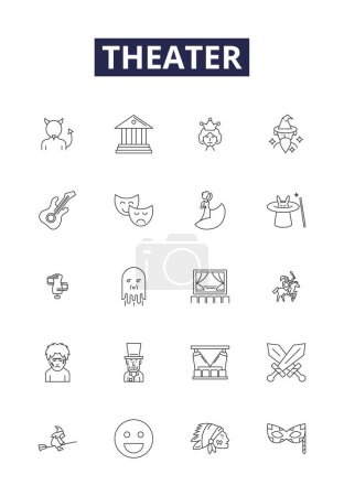 Illustration for Theater line vector icons and signs. Stage, Drama, Acting, Play, Dramatic, Perform, Curtain,Audience vector outline illustration set - Royalty Free Image