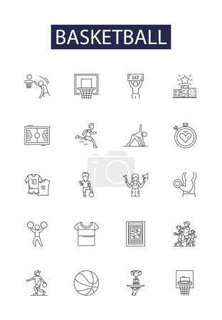 Illustration for Basketball line vector icons and signs. Court, Shooting, Layup, Dunk, Run, Pass, Rebound, Jump vector outline illustration set - Royalty Free Image