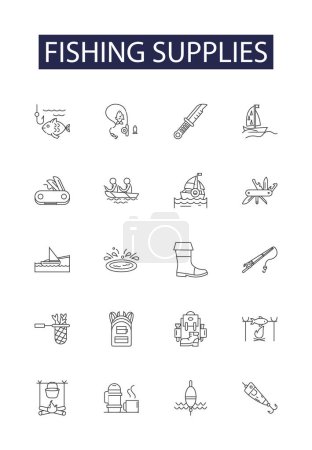 Illustration for Fishing supplies line vector icons and signs. Reels, Lures, Hooks, Baits, Lines, Floats, Pliers, Nets vector outline illustration set - Royalty Free Image