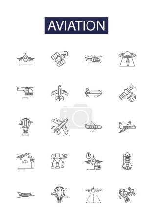 Illustration for Aviation line vector icons and signs. Aircraft, Airports, Pilots, Flights, Hangars, Jets, Airlines, Landing vector outline illustration set - Royalty Free Image