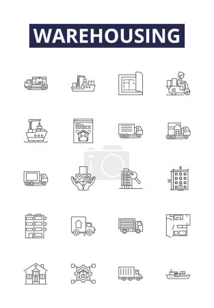 Illustration for Warehousing line vector icons and signs. Distribution, Inventory, Packaging, Logistics, Re-warehousing, Automation, Custodial, Fulfillment vector outline illustration set - Royalty Free Image