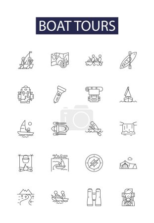 Illustration for Boat tours line vector icons and signs. Tours, Cruises, Charters, Sightseeing, River, Oceans, Lakes, Harbors vector outline illustration set - Royalty Free Image