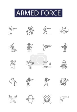 Illustration for Armed force line vector icons and signs. Armies, Troops, Warriors, Soldiers, Regiment, Battalion, Brigades, Navy vector outline illustration set - Royalty Free Image