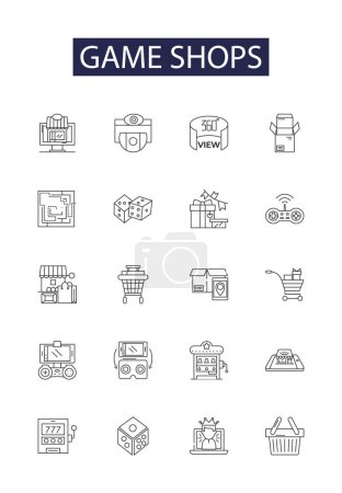 Illustration for Game shops line vector icons and signs. Shops, Stores, Outlets, Centres, Boutiques, Retailers, Vendors, Dealers vector outline illustration set - Royalty Free Image