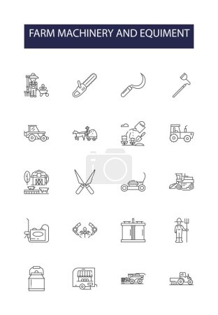 Illustration for Farm machinery and equiment line vector icons and signs. Harvesters, Balers, Ploughs, Irrigators, Sprayers, Seeders, Combine, Threshers vector outline illustration set - Royalty Free Image