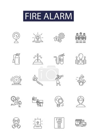 Illustration for Fire alarm line vector icons and signs. Fire, Warning, Alert, Horn, Siren, Signal, Shrill, Emergency vector outline illustration set - Royalty Free Image