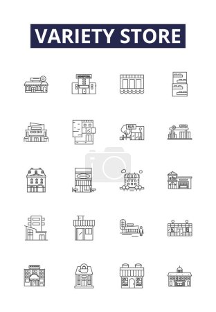 Illustration for Variety store line vector icons and signs. Store, Merchandise, Products, Goods, Selections, Stock, Stockroom, Range vector outline illustration set - Royalty Free Image