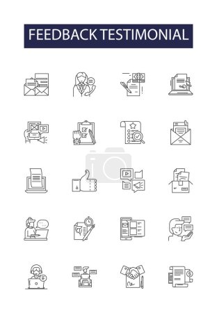 Illustration for Feedback testimonial line vector icons and signs. Feedback, Review, Endorsement, Recommendation, Endorse, Praise, Comment, Authentic vector outline illustration set - Royalty Free Image