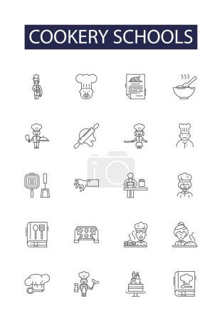 Illustration for Cookery schools line vector icons and signs. Schools, Culinary, Institutes, Education, Recipes, Baking, Teaching, Classes vector outline illustration set - Royalty Free Image