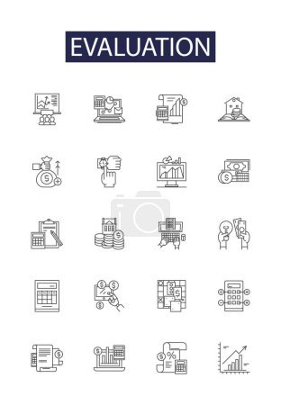 Illustration for Evaluation line vector icons and signs. Rating, Analysis, Judging, Reviewing, Examining, Surveying, Measuring, Scrutiny vector outline illustration set - Royalty Free Image