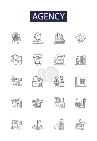 Illustration for Agency line vector icons and signs. Firm, Bureau, Office, Group, Body, Authority, Service, Outfit vector outline illustration set - Royalty Free Image