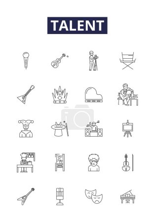 Illustration for Talent line vector icons and signs. Gifted, Skilled, Experienced, Faculties, Proficiency, Lexicon, Competence, Aptitude vector outline illustration set - Royalty Free Image