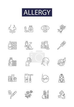 Illustration for Allergy line vector icons and signs. sneezing, asthma, hayfever, intolerance, allergy, wheezing, itching, rhinitis vector outline illustration set - Royalty Free Image