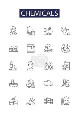 Chemicals line vector icons and signs. Solvents, Compounds, Compounds, Reagents, Gases, Halides, Metals, Oxides vector outline illustration set