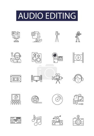 Illustration for Audio editing line vector icons and signs. Editing, Cut, Trim, Amplify, Fade, Mix, Compress, Normalize vector outline illustration set - Royalty Free Image