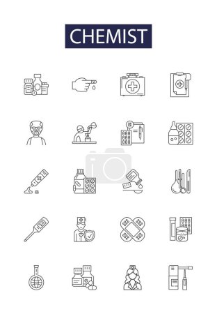 Illustration for Chemist line vector icons and signs. pharmacist, apothecary, formulator, pharmacologist, toxicologist, analytical, biochemist, lab vector outline illustration set - Royalty Free Image