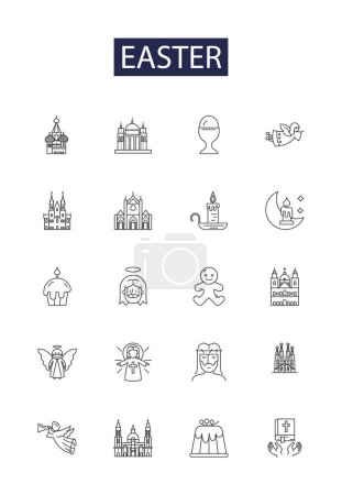 Illustration for Easter line vector icons and signs. Bunny, Chocolate, Sunrise, Lamb, Holiday, Resurrection, Church, Prayer vector outline illustration set - Royalty Free Image