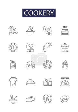 Ilustración de Línea de cocina vectorial iconos y signos. Chefs, Recetas, Cocina, Hornear, Cocina, Comidas, Parrilla, Brindis vector esquema ilustración conjunto - Imagen libre de derechos
