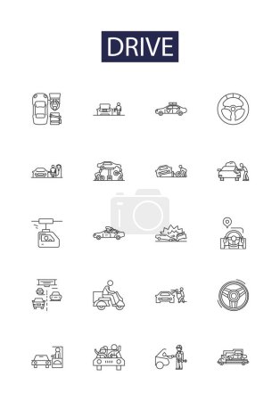Illustration for Drive line vector icons and signs. Journey, Pursuit, Steer, Voyage, Navigate, Operate, Expedition, Guide vector outline illustration set - Royalty Free Image