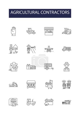 Illustration for Agricultural contractors line vector icons and signs. Cultivators, Growers, Harvesters, Ploughmen, Sowers, Reapers, Tractors, Landscapers vector outline illustration set - Royalty Free Image