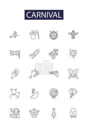 Illustration for Carnival line vector icons and signs. Parade, Games, Joyful, Carnival, Thrills, Spectacle, Funfair, Extravaganza vector outline illustration set - Royalty Free Image