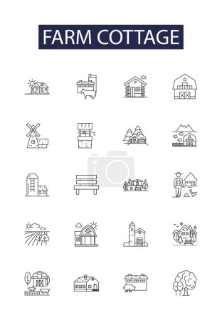 Illustration for Farm cottage line vector icons and signs. Cottage, Agritourism, Croft, Dairy, Acreage, Ranch, Rural, Log vector outline illustration set - Royalty Free Image