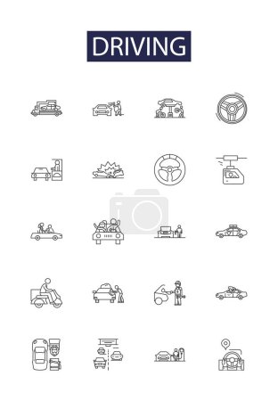 Illustration for Driving line vector icons and signs. Traversing, Maneuvering, Controlling, Piloting, Steering, Ferrying, Navigating, Absconding vector outline illustration set - Royalty Free Image