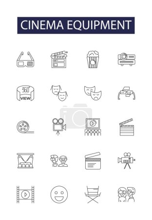 Illustration for Cinema equipment line vector icons and signs. Screen, Speakers, Amplifier, Receiver, Acoustics, Microphone, Stands, Lighting vector outline illustration set - Royalty Free Image
