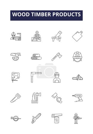 Illustration for Wood timber products line vector icons and signs. Wood, Products, Boards, Lumber, Planks, Panels, Posts, Rails vector outline illustration set - Royalty Free Image