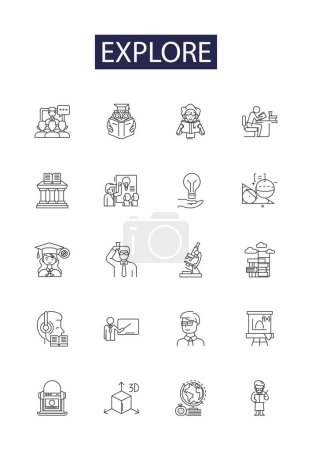 Illustration for Explore line vector icons and signs. Delve, Scrutinize, Uncover, Learn, Discover, Hunt, Probe, Journey vector outline illustration set - Royalty Free Image