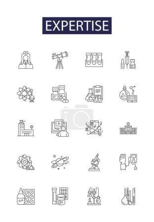 Illustration for Expertise line vector icons and signs. Skilled, Master, Proficient, Savvy, Expert, Know-how, Capability, Proficience vector outline illustration set - Royalty Free Image