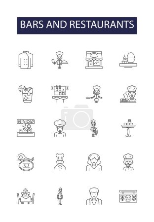 Illustration for Bars and restaurants line vector icons and signs. Restaurants, Eateries, Pubs, Cafes, Grills, Diners, Establishments, Lounges vector outline illustration set - Royalty Free Image