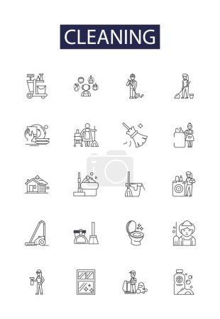 Illustration for Cleaning line vector icons and signs. Washing, Sterilizing, Scrubbing, Vacuuming, Dusting, Sweeping, Moping, Polishing vector outline illustration set - Royalty Free Image