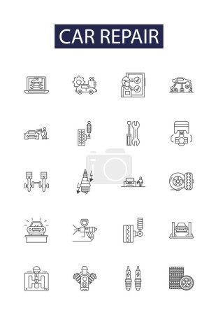 Illustration for Car repair line vector icons and signs. Towing, Auto, Service, Parts, Diagnosis, Alignment, Brakes, Mechanics vector outline illustration set - Royalty Free Image