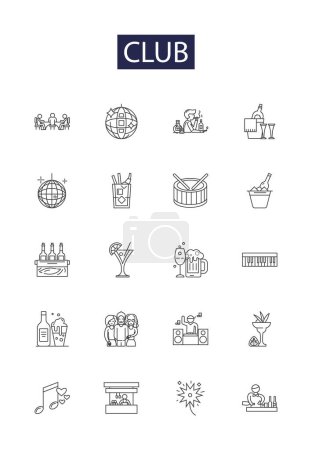 Illustration for Club line vector icons and signs. Bar, Disco, Pub, Lounge, Nightclub, Hangout, haunt, haunt spot vector outline illustration set - Royalty Free Image