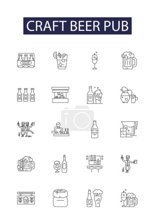 Craft beer pub line vector icons and signs. Craft, Beer, Taproom, Alehouse, Brewery, Drinks, Cider, Social vector outline illustration set