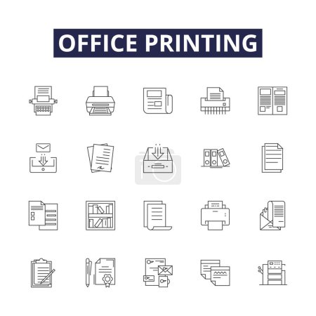 Ilustración de Iconos y signos vectoriales de línea de impresión de oficina. Oficina, copiadora, impresora, tinta, copia, escáner, láser, conjunto de ilustración de contorno de vector de cartucho - Imagen libre de derechos