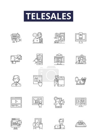 Illustration for Telesales line vector icons and signs. Tele-selling, Outbound, Cold-calling, Upselling, Inbound, Cross-selling, Appointment-setting, Customer-service vector outline illustration set - Royalty Free Image