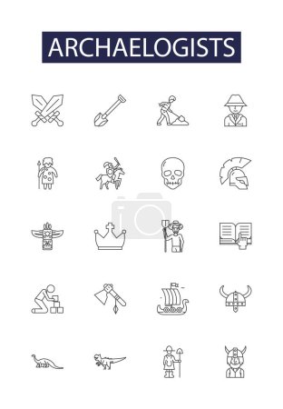 Illustration for Archaelogists line vector icons and signs. Fossil, Dig, Discovery, Research, Unearth, Ancient, Relic, Excavation vector outline illustration set - Royalty Free Image
