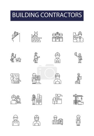 Illustration for Building contractors line vector icons and signs. Masons, Carpenters, Electricians, Plumbers, Stonemasons, Surveyors, Bricklayers, Framers vector outline illustration set - Royalty Free Image