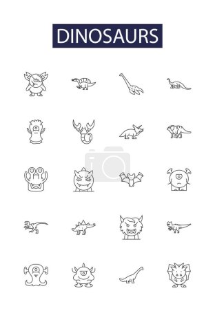 Illustration for Dinosaurs line vector icons and signs. Reptiles, Fossils, Raptors, Pterosaurs, Brontosaurus, Tyrannosaurus, Lizard, Claws vector outline illustration set - Royalty Free Image