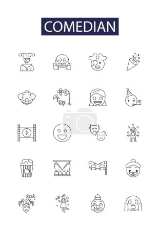 Illustration for Comedian line vector icons and signs. Stand-Up, Improviser, Jokester, Entertainer, Satirist, Witty, Clown, Actor vector outline illustration set - Royalty Free Image