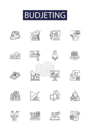 Illustration for Budjeting line vector icons and signs. Allocation, Expenses, Costing, Forecasting, Savings, Profits, Planning, Frugality vector outline illustration set - Royalty Free Image