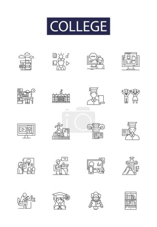 Illustration for College line vector icons and signs. universities, education, learning, degree, degree-granting, campus, matriculate, lecture vector outline illustration set - Royalty Free Image