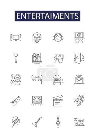 Illustration for Entertaiments line vector icons and signs. Movies, Music, Games, Dance, Sports, Comedy, Amusement, Audience vector outline illustration set - Royalty Free Image