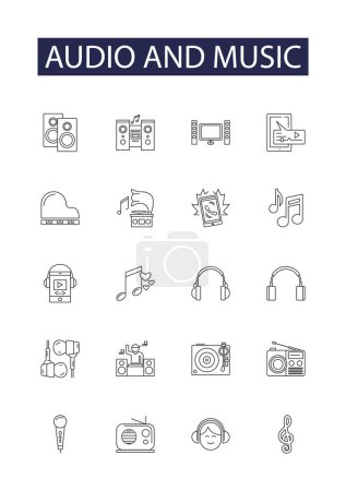Ilustración de Audio y música línea vectorial iconos y signos. Audio, Sonidos, Melodías, Canciones, Percusión, Composición, Acústica, Conjunto de ilustración de esquema de vector de producción - Imagen libre de derechos