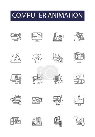 Illustration for Computer animation line vector icons and signs. Animation, 3D, CGI, Animation Studio, Visual Effects, Motion Graphics, Render, Graphics vector outline illustration set - Royalty Free Image