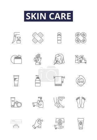 Skin care line vector icons and signs. Cleansing, Sunscreen, Exfoliating, Brightening, Acne, Scrubbing, Toning, Nourishing vector outline illustration set