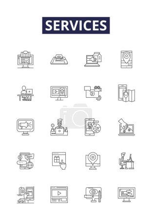 Illustration for Services line vector icons and signs. Providing, Offering, Facilitating, Supporting, Consulting, Maintaining, Collaborating, Answering vector outline illustration set - Royalty Free Image