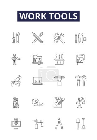 Ilustración de Herramientas de trabajo línea vectorial iconos y signos. Trabajo, Máquinas, Instrumentos, Dispositivos, Utensilios, Aparato, Equipo, Sida esquema de vectores conjunto de ilustración - Imagen libre de derechos